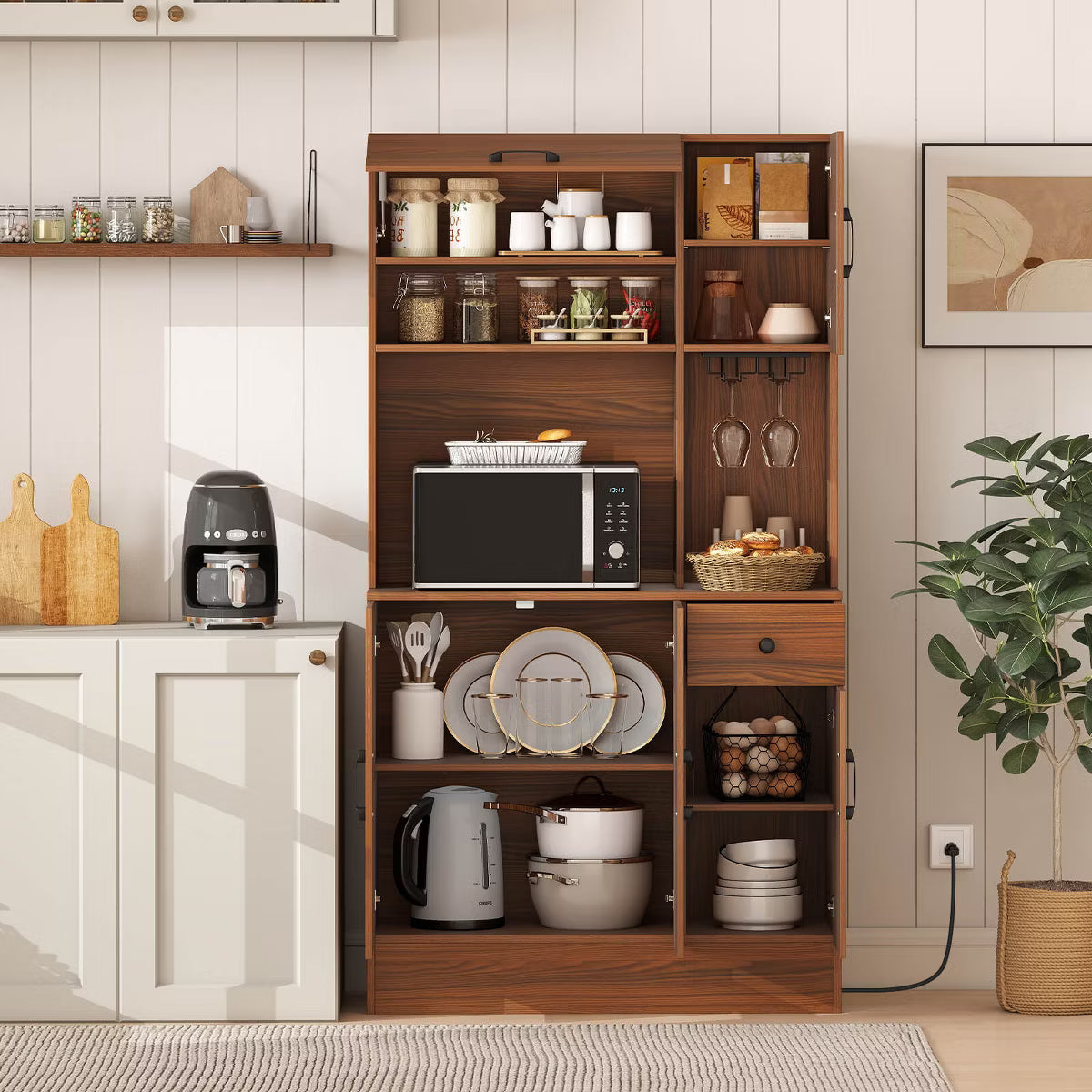 Pantry Cabinet – Culinvaro 66" Pantry Cabinet Tall Kitchen Storage Cabinet with Charging Station Brown