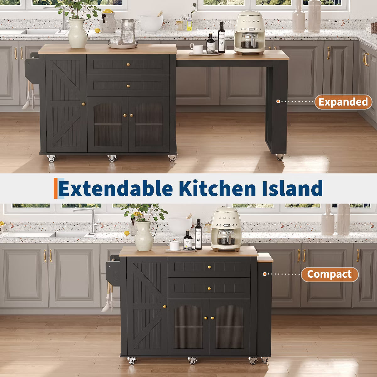 78.3” Rolling Kitchen Island with Extendable Table,