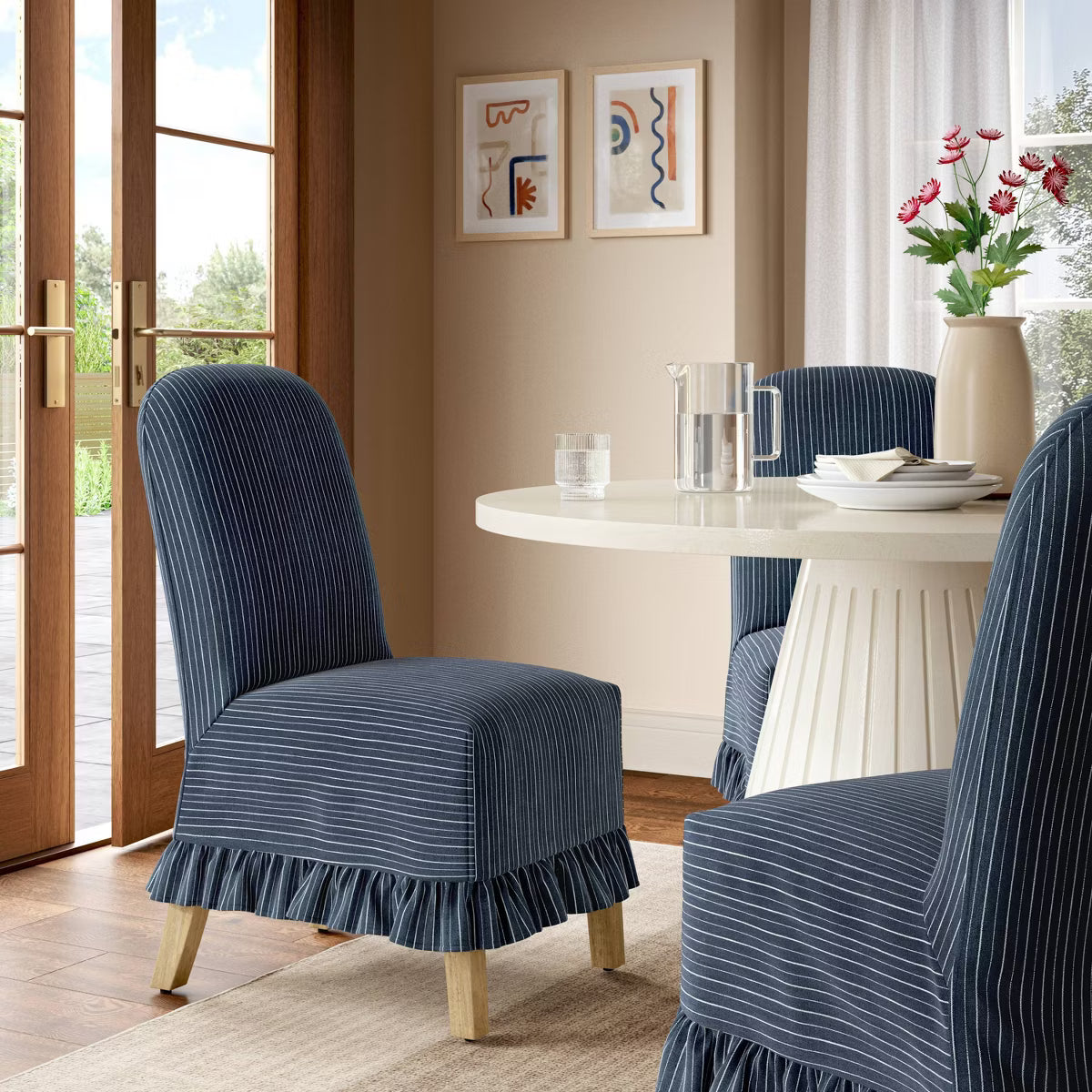 Ivy Ruffled Slipcover Dining Chair in Pinstripe Linen