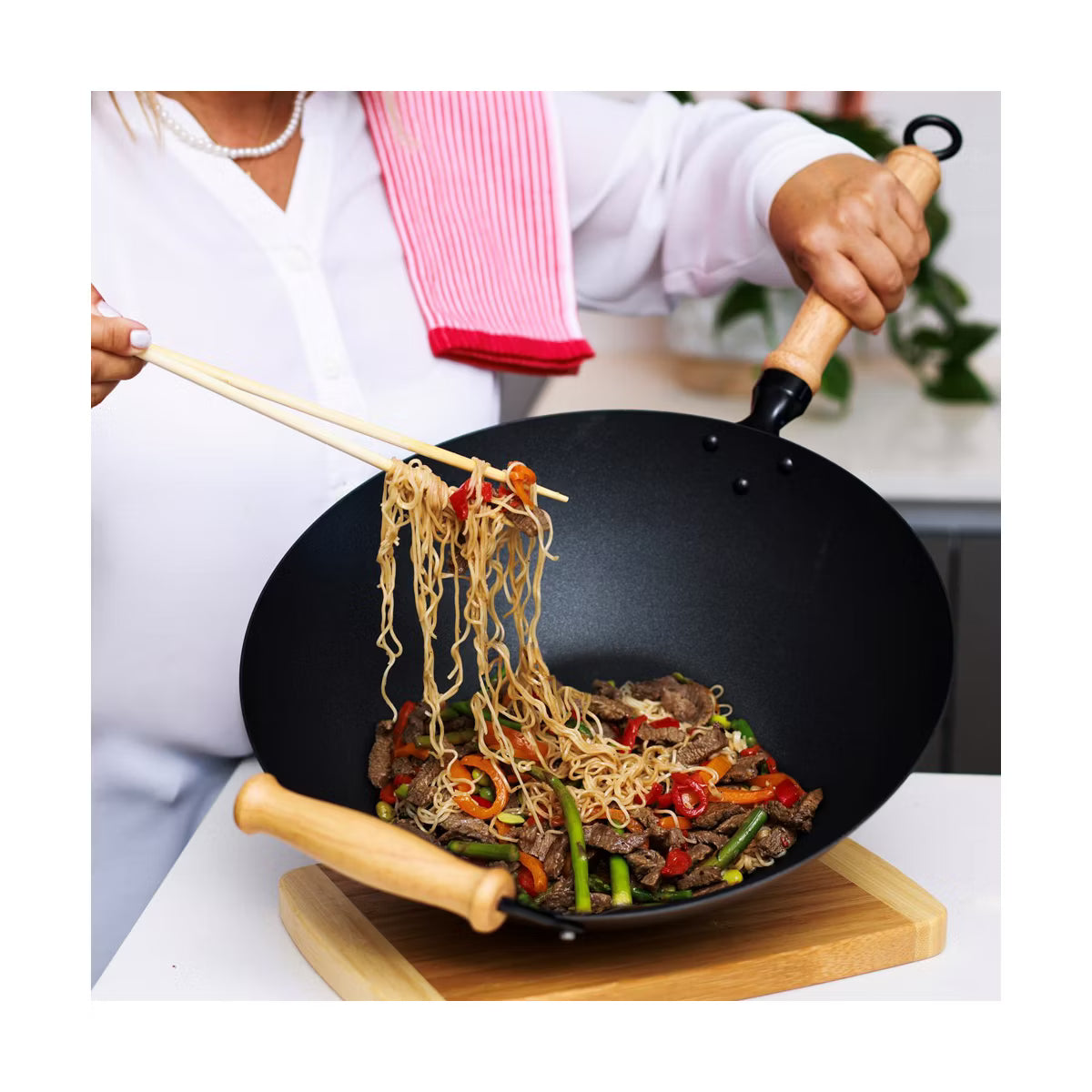 Wok – 14-Inch Carbon Steel Excalibur Nonstick Flat Bottom Wok Set – Black