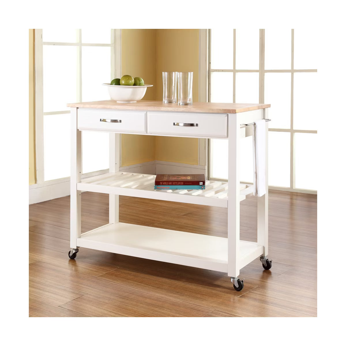 Kitchen Cart – Culinvaro Natural Wood Top Kitchen Cart/Island with Optional Stool Storage White
