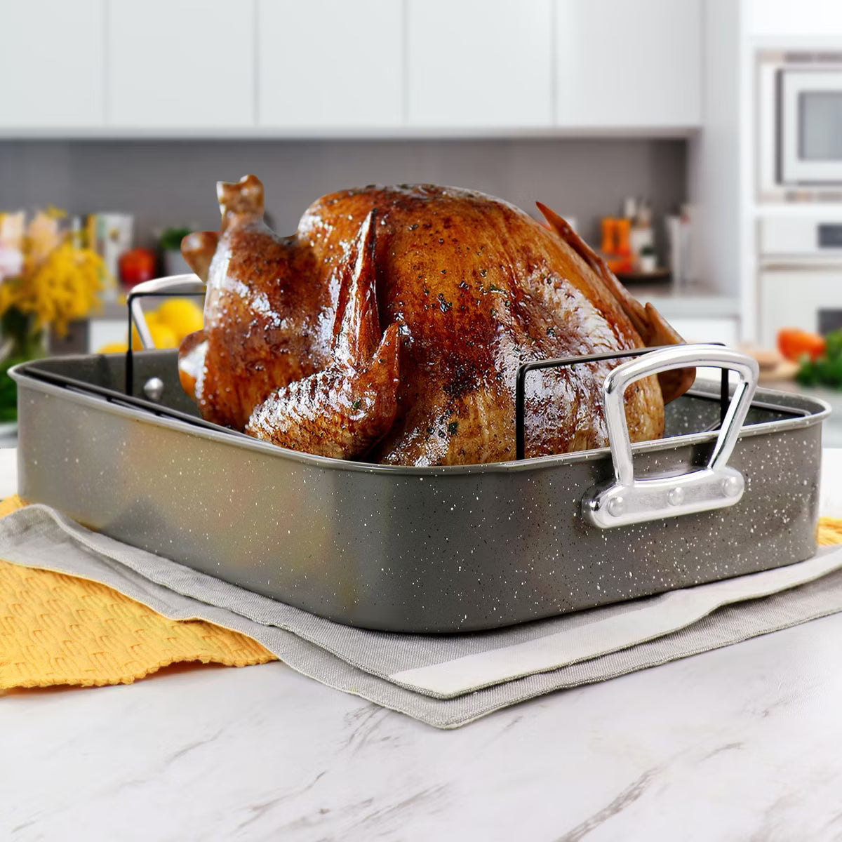 Roasting Pan – 2 Piece Carbon Steel 16.25in. Turkey Roaster Set in Speckled – Gray