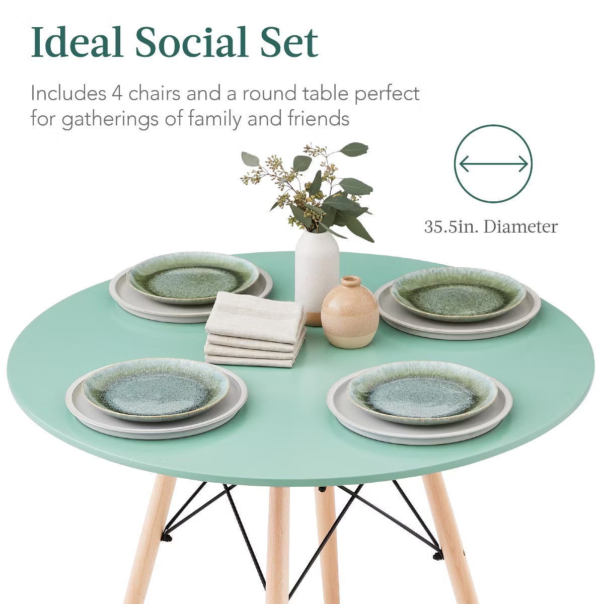 Dining Set – Culinvaro 5-Piece Compact Mid-Century Modern Dining Set w/ 4 Chairs" Light Green/Oak