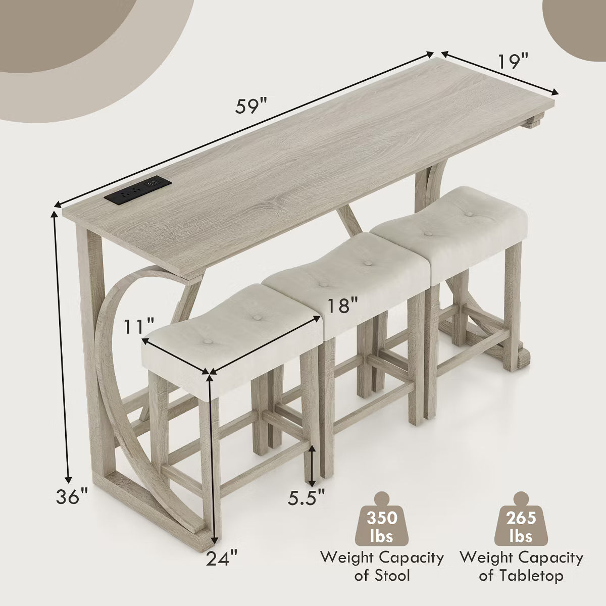 4-Piece Bar Table Set w/ Power Outlet Counter Height Bistro Table and Stools