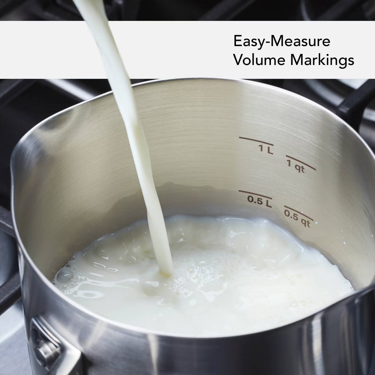 Saucepan – 3-Ply Base 1.5qt Open Saucepan with Spouts – Silver