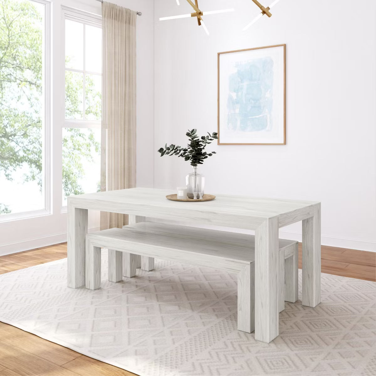 Solid Wood Modern Dining Table Set with 2 Benches for 6