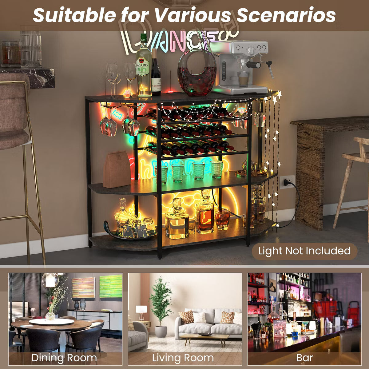 3 Tier Bar Cabinet with Storage Shelves Glass Holders Bottle Racks Gray