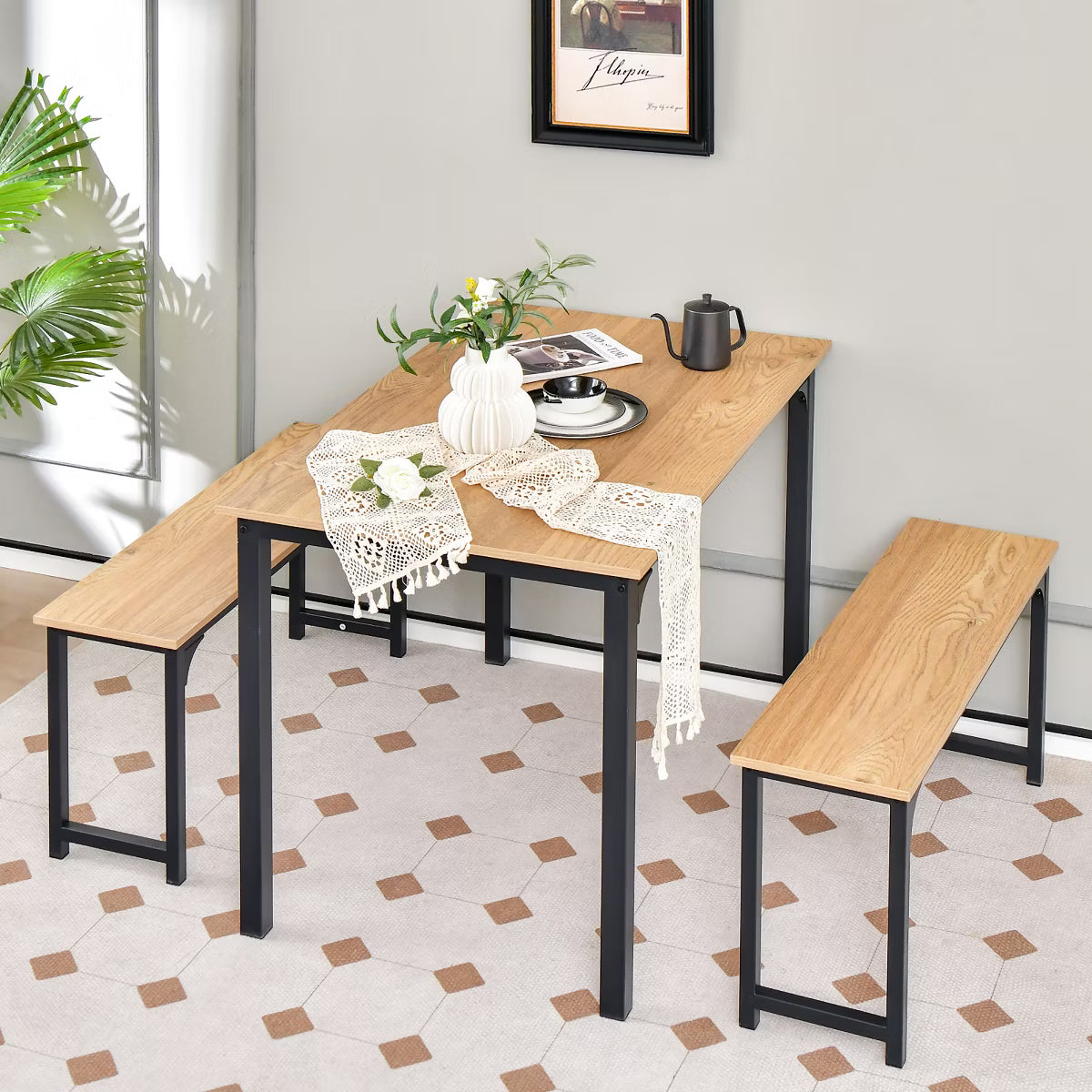 Modern 3 PCS Dining Table Bench Set w/ Metal Frame & Wooden Tabletop Natural