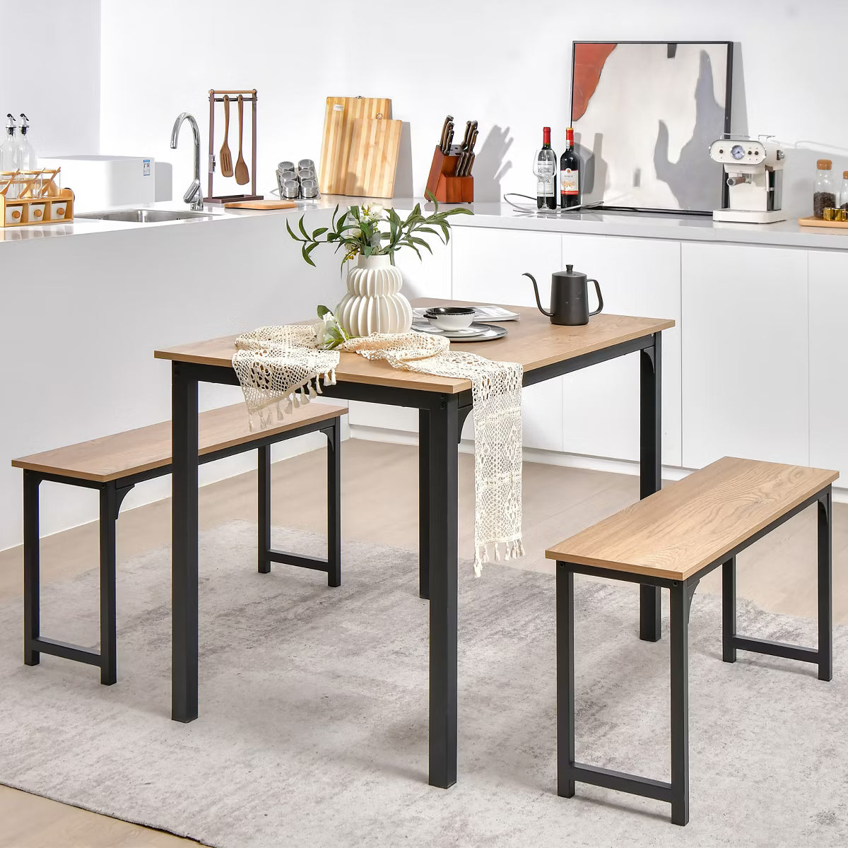 Modern 3 PCS Dining Table Bench Set w/ Metal Frame & Wooden Tabletop Natural