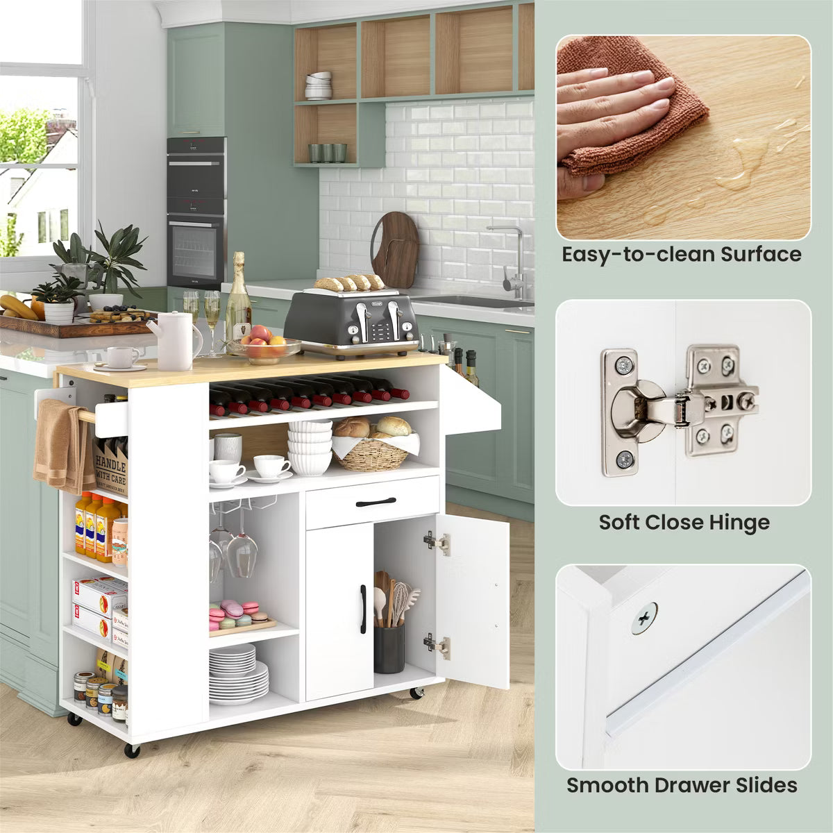 Kitchen Island – Culinvaro Leaf Kitchen Island Cart w/ Power Outlet Drinks Rack Glass Holder Drawer