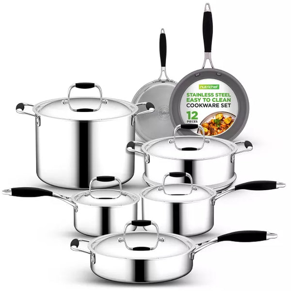 Cookware Set – 12pc Clad Kitchen Cookware Set with Ceramic – Silver