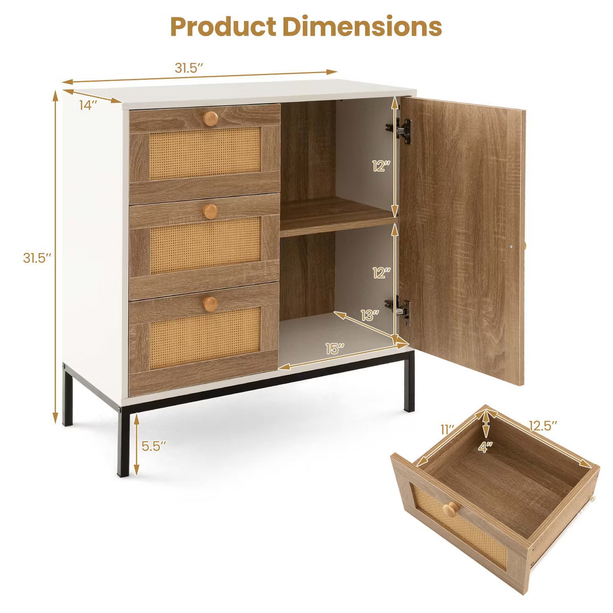 Buffet Cabinet – Culinvaro Rattan Buffet Sideboard with 3 Drawers & 1 Door Sturdy Metal Legs Storage Cabinet