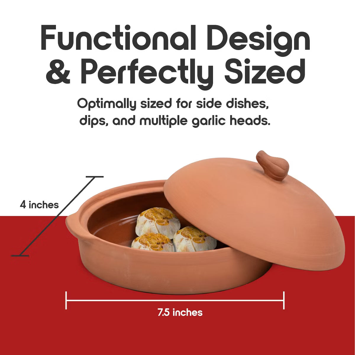 Roasting Pan – Terra Cotta Garlic Roaster - 7.5” Clay Roasting Dish with Lid – Brown