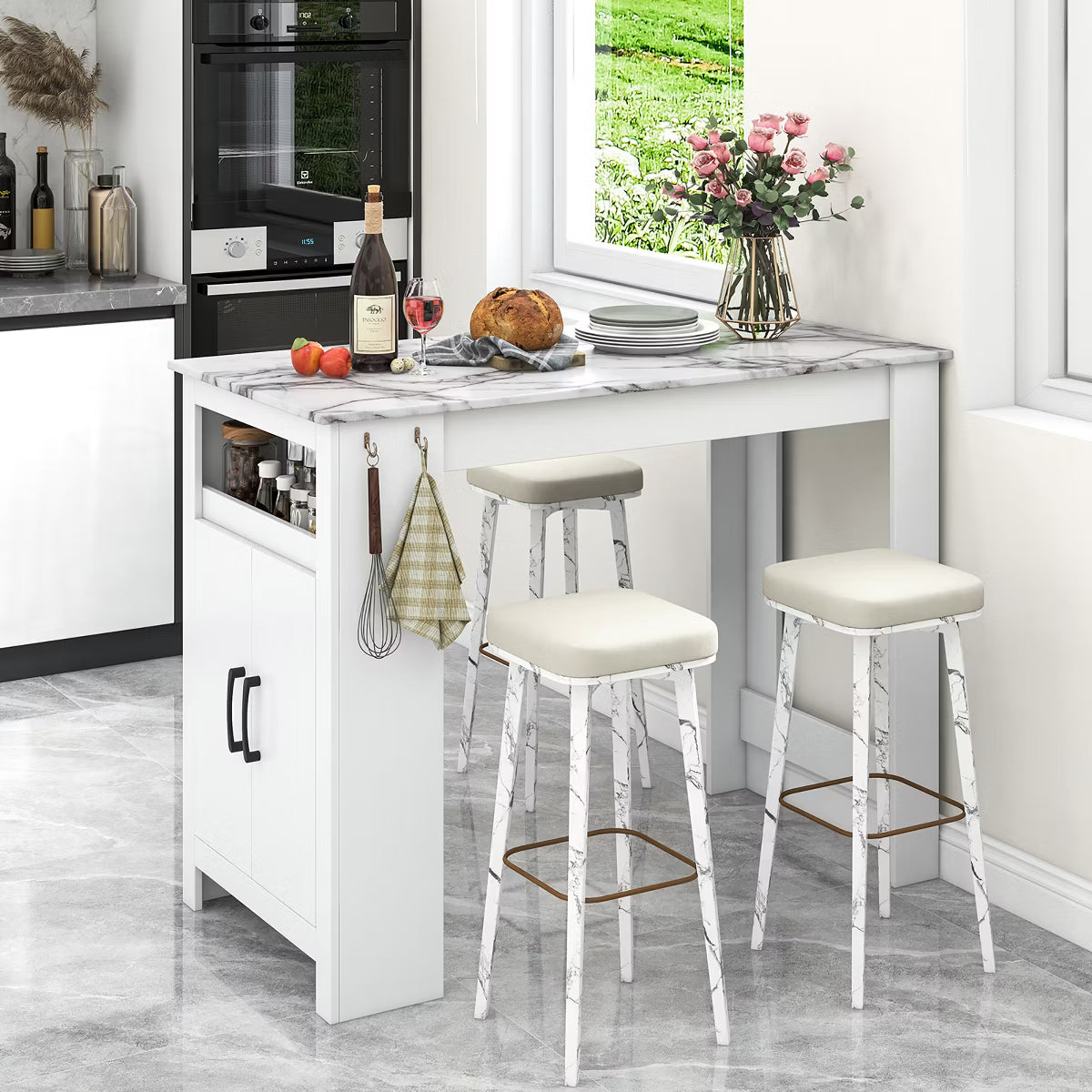 47" Long Counter Height Table Bar Table Faux Marble Pub Table w/ Cabinet