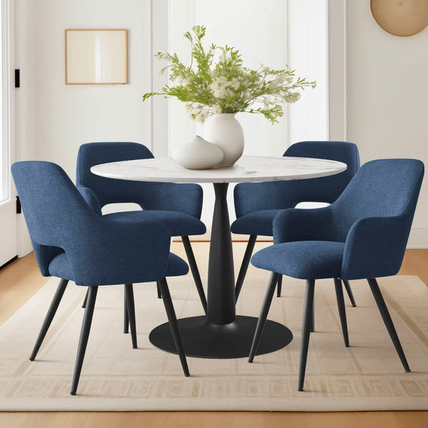 Set of 4 Upholstered Dining Chairs with Arms, Modern Blue Accent Chairs with Metal Legs