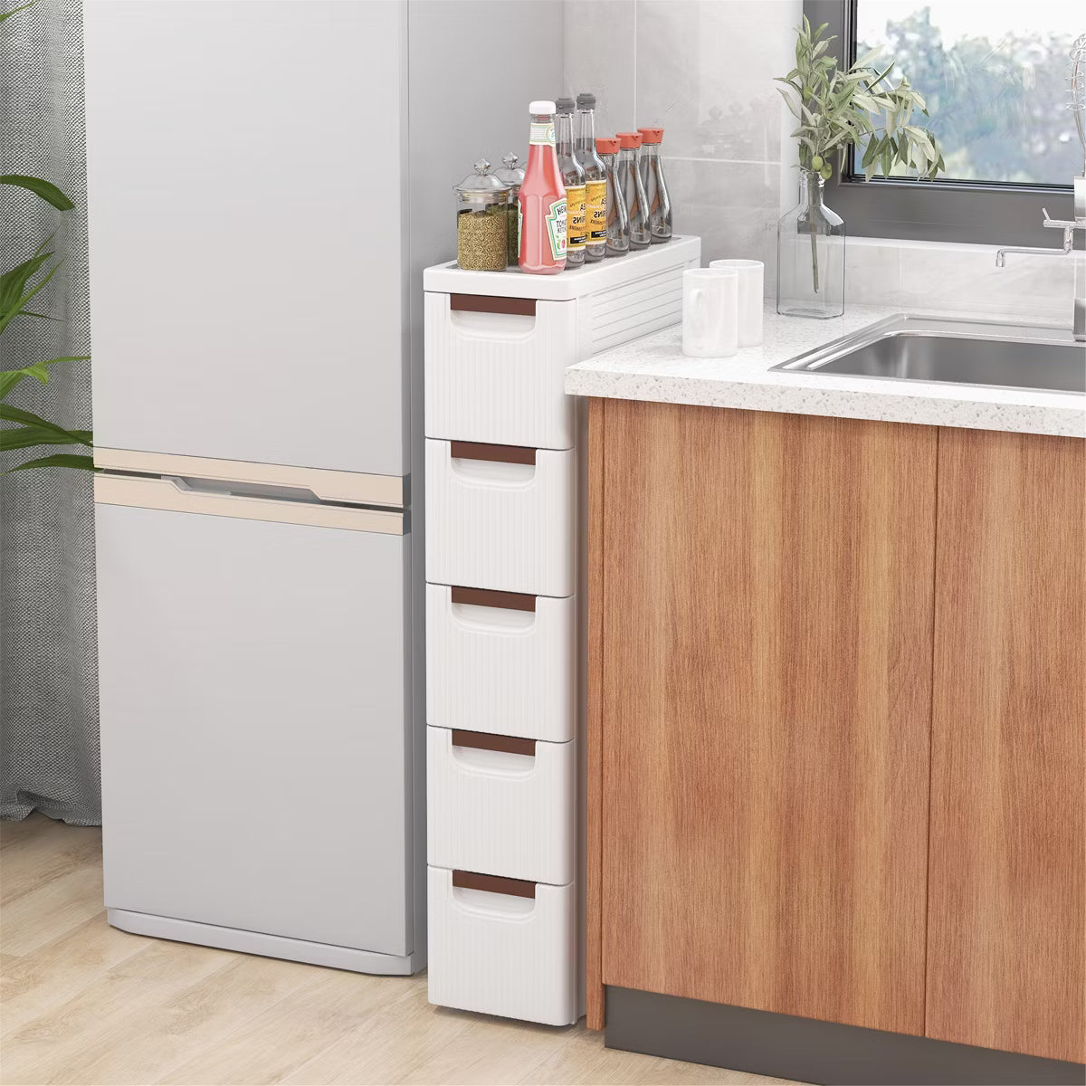 Storage Cabinet – Culinvaro 2PCS 5-Drawer Narrow Rolling Storage Cabinet w/ Pull Handles Built-in Wheels