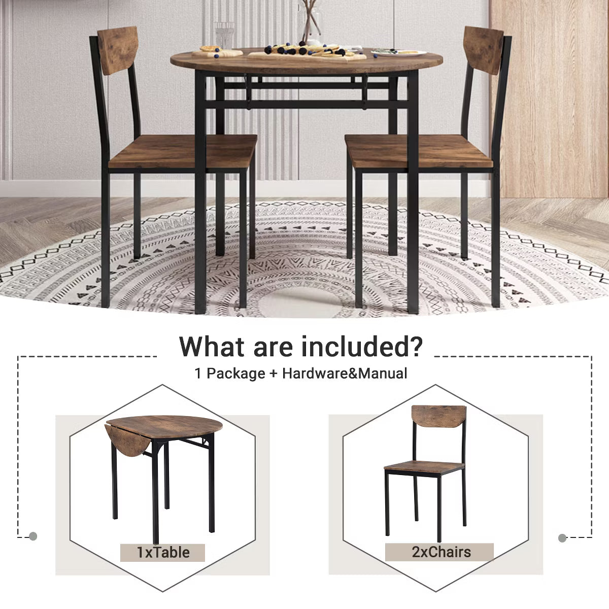 3 Pieces Metal Round Dining Table Set with Drop Leaf