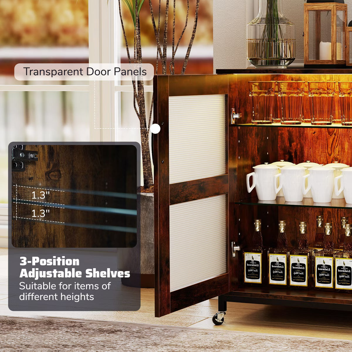 Bar Cabinet – Culinvaro Bar Cabinet w/ Wheels LED Lights Storage Shelves Glass Holders Drinks Racks