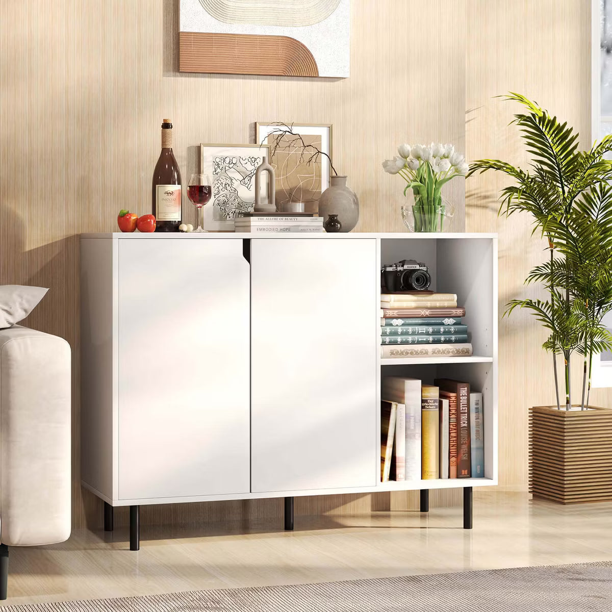 Buffet Cabinet – Culinvaro Kitchen Sideboard Buffet with Adjustable Shelves 2 Doors Sturdy Metal Legs White