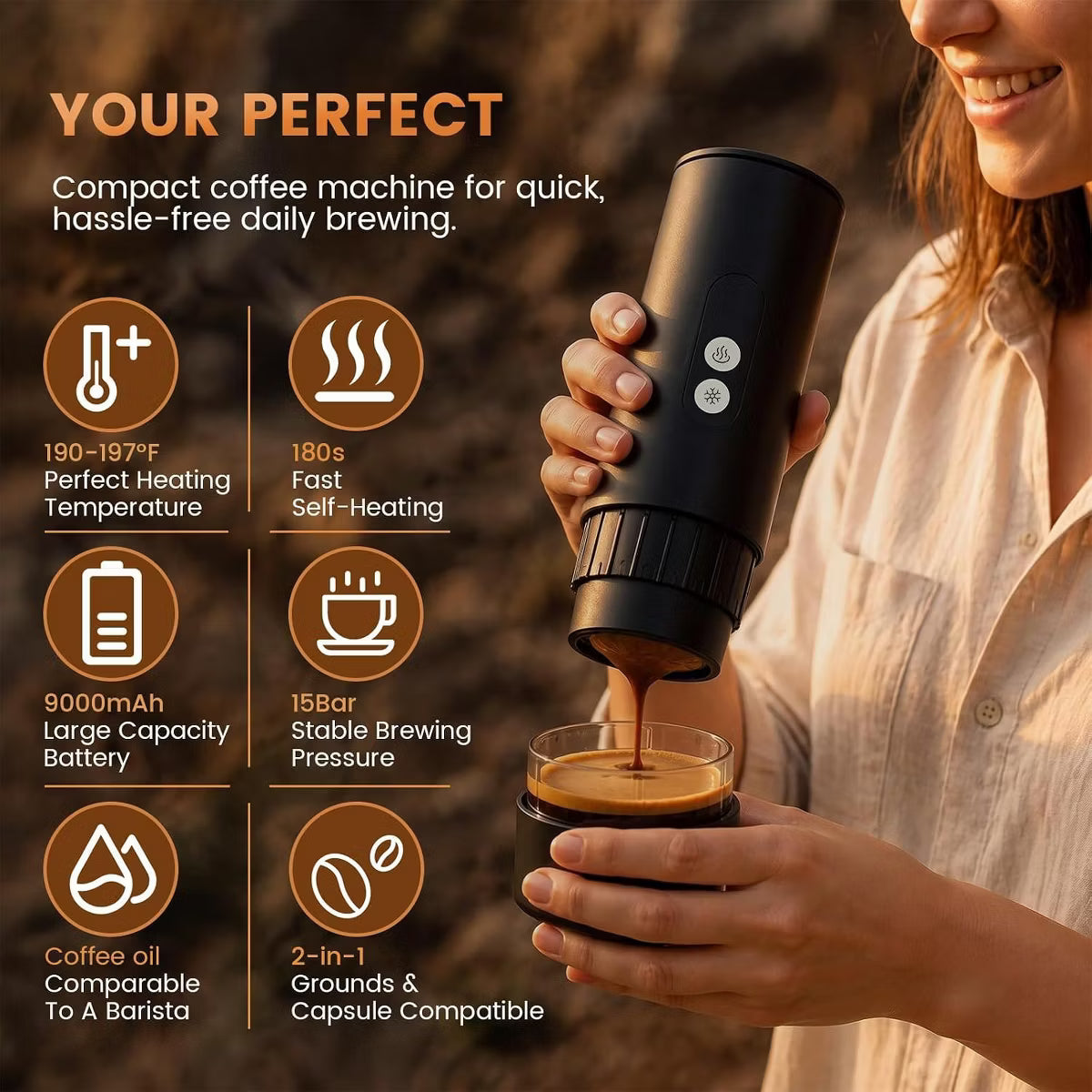 Espresso Maker – Culinvaro Portable Espresso Maker with Self Heating - 15 Bar Electric Travel Coffee Machine, 2-in-1