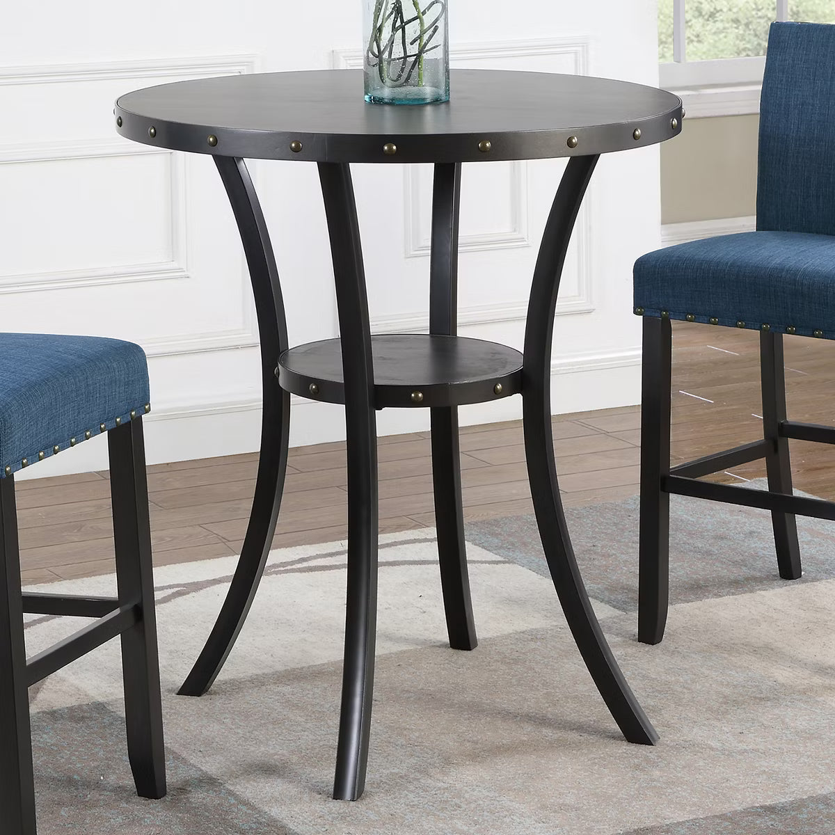 Bar Table – Culinvaro 3-Piece 36" Round Espresso Finish Bar Table with 2 Blue Fabric Nail Head Pub Chairs