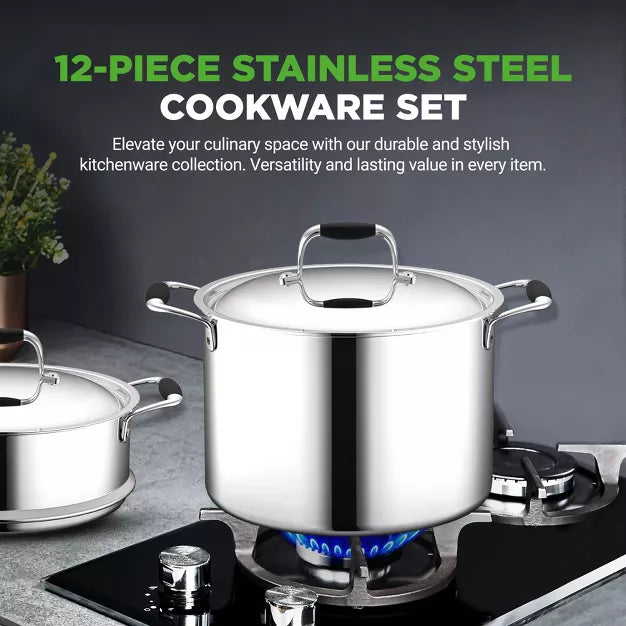 Cookware Set – 12pc Clad Kitchen Cookware Set with Ceramic – Silver