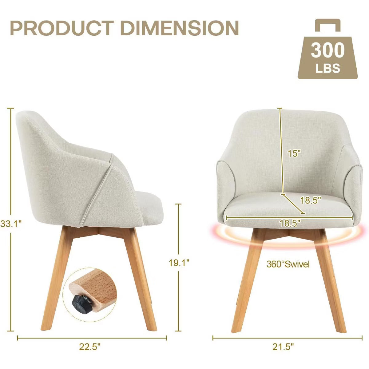 Swivel Dining Chairs Set of 2, Linen Upholstered Armchairs with Solid Wood Legs