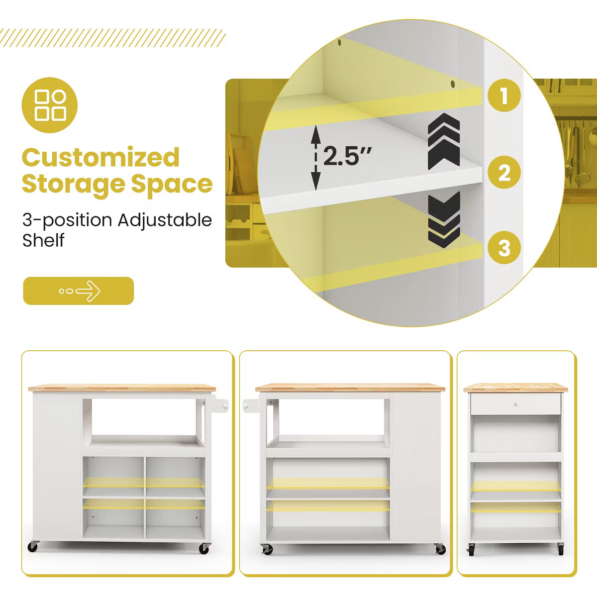 Kitchen Island – Culinvaro Kitchen Island Trolley Cart on Wheels with Storage Open Shelves & Drawer White