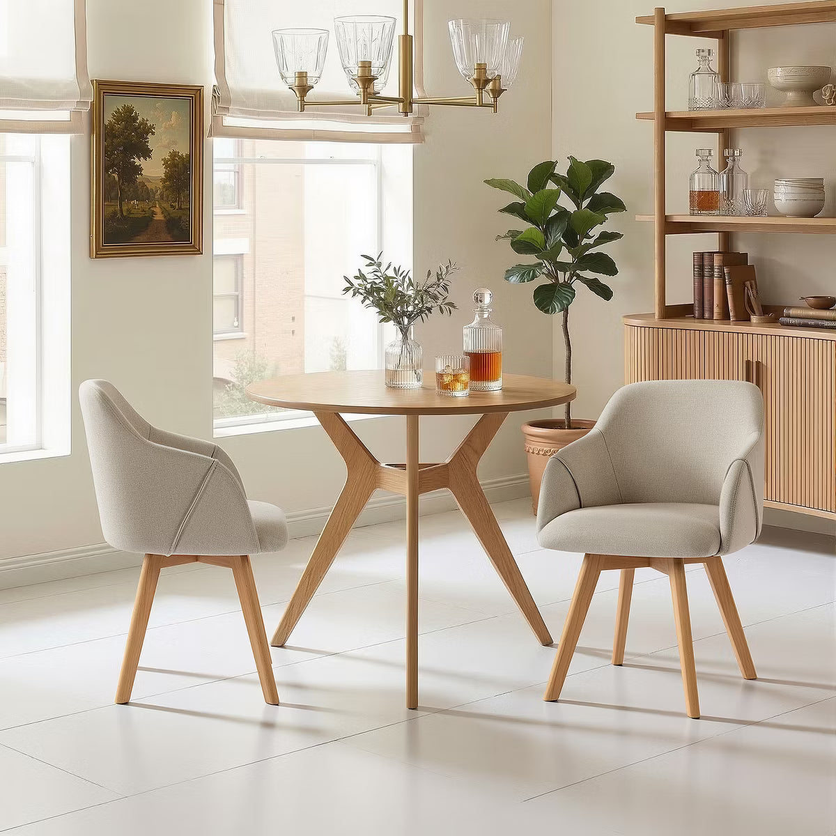 Swivel Dining Chairs Set of 2, Linen Upholstered Armchairs with Solid Wood Legs