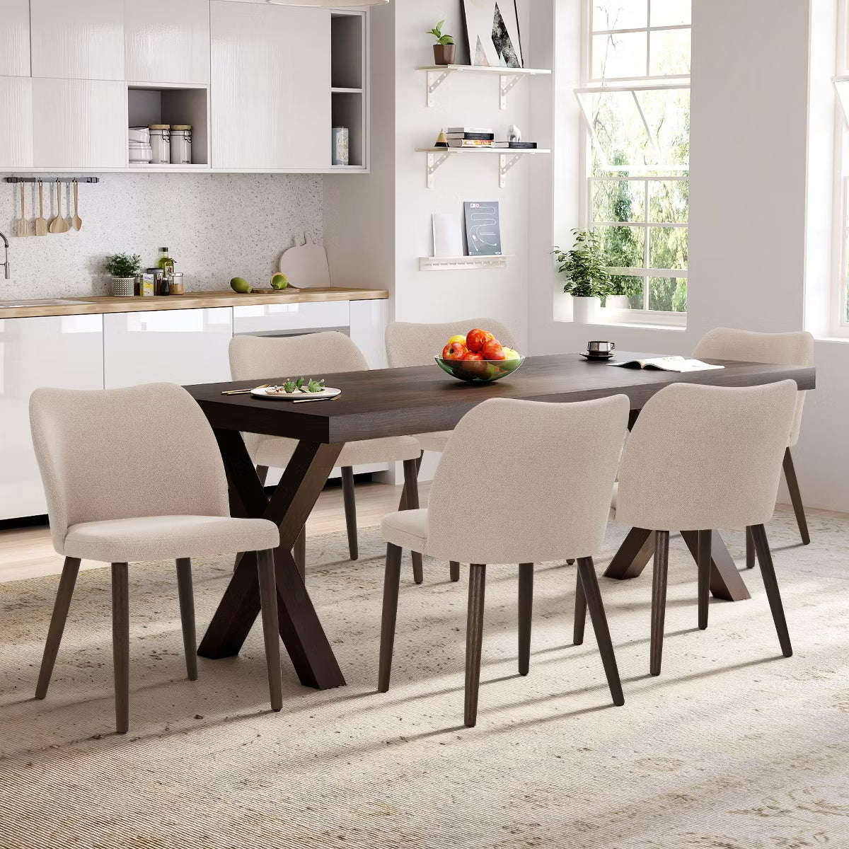 Set of 6 Wood Ergonomic Curved Dining Chairs – Modern Upholstered Chair for Kitchen