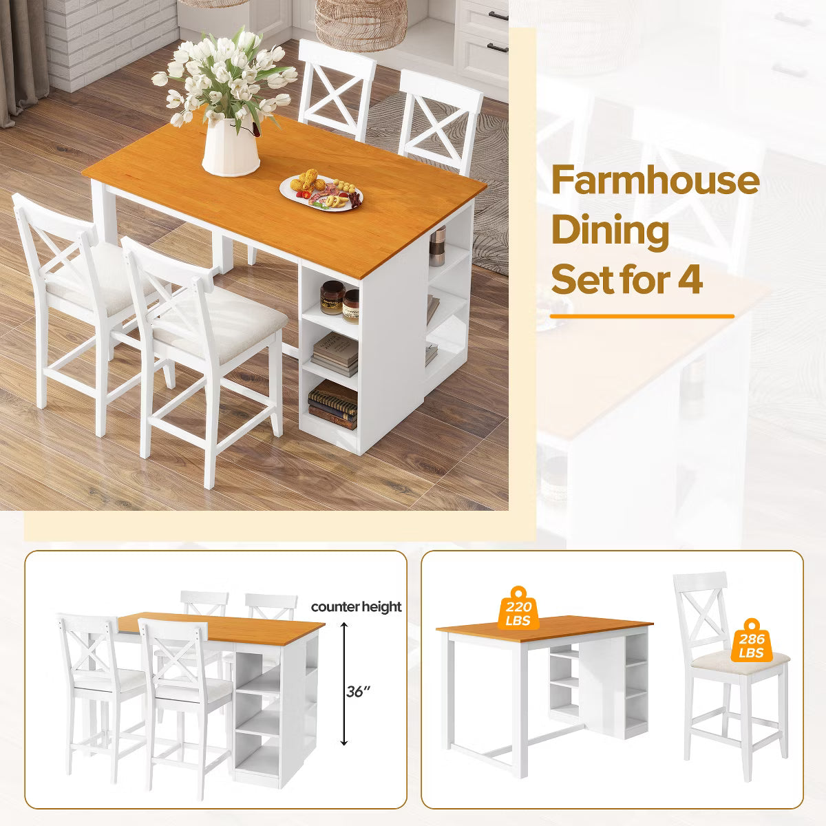 Dining Set – Culinvaro 5 Piece Farmhouse Counter Height Dining Table Set Dining Set