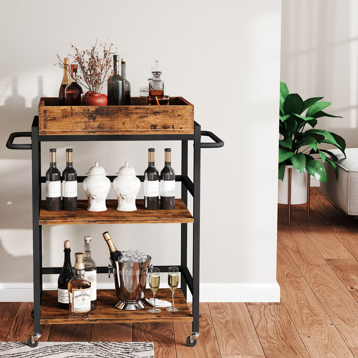 Bar Cart – Culinvaro 3-Tier Rolling Bar Cart, Metal Kitchen Serving Cart with Tray