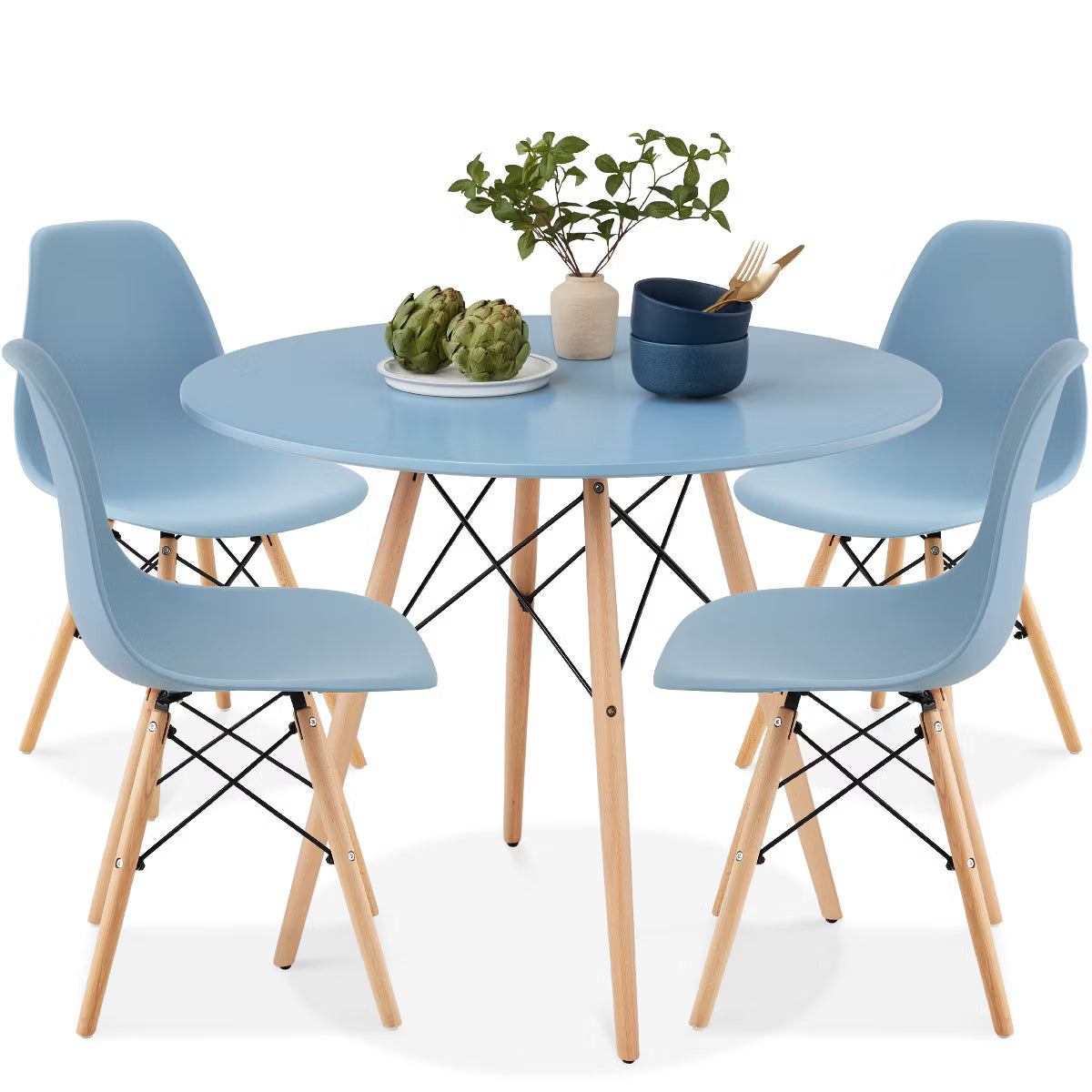 Dining Set – Culinvaro 5-Piece Compact Mid-Century Modern Dining Set w/ 4 Chairs" Blue/Oak