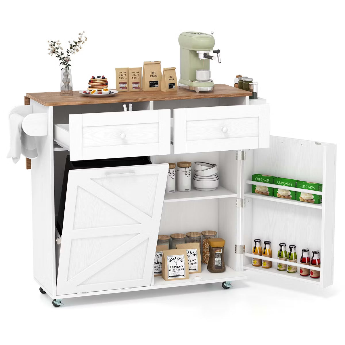 Rolling Kitchen Island Kitchen Island Cart with Drop Leaf Trash Can Cabinet White