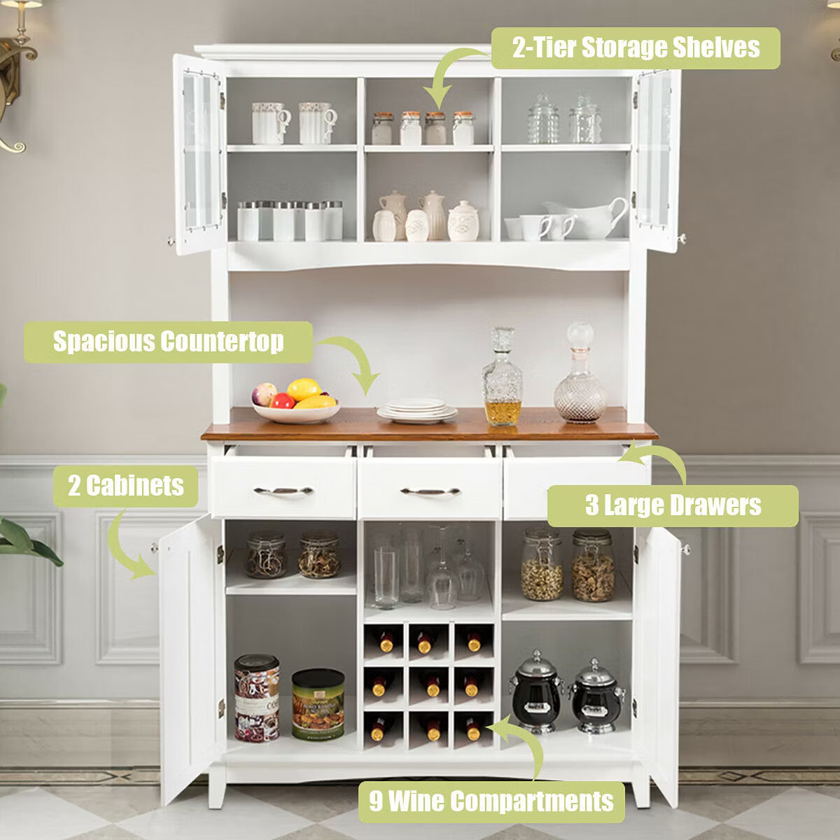 Wine Rack – Culinvaro Buffet And Hutch Kitchen Storage Cabinet Cupboard w/ Wine Rack & Drawers White