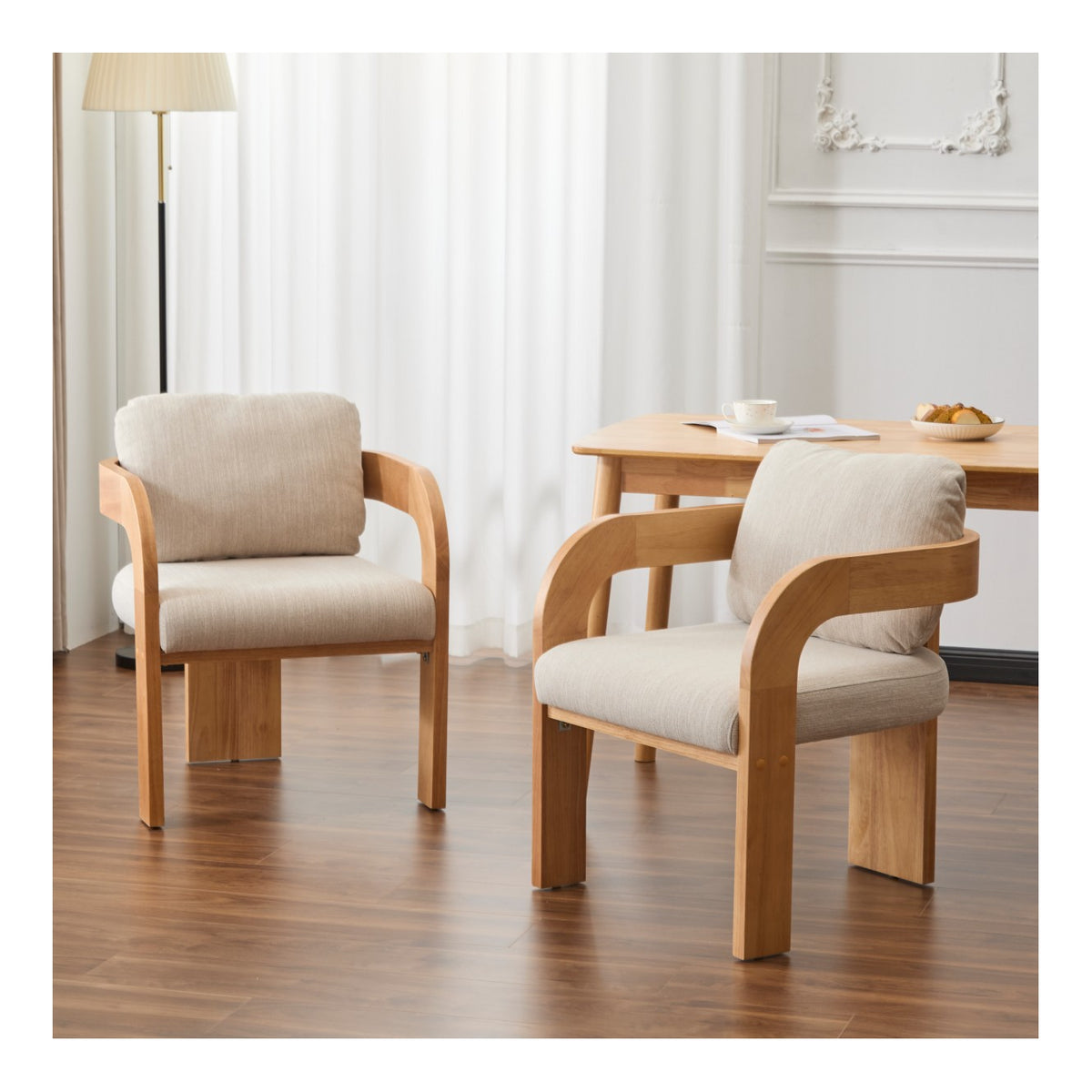 Set of 2 Modern Beige Dining Chairs with Black Wood Frame,