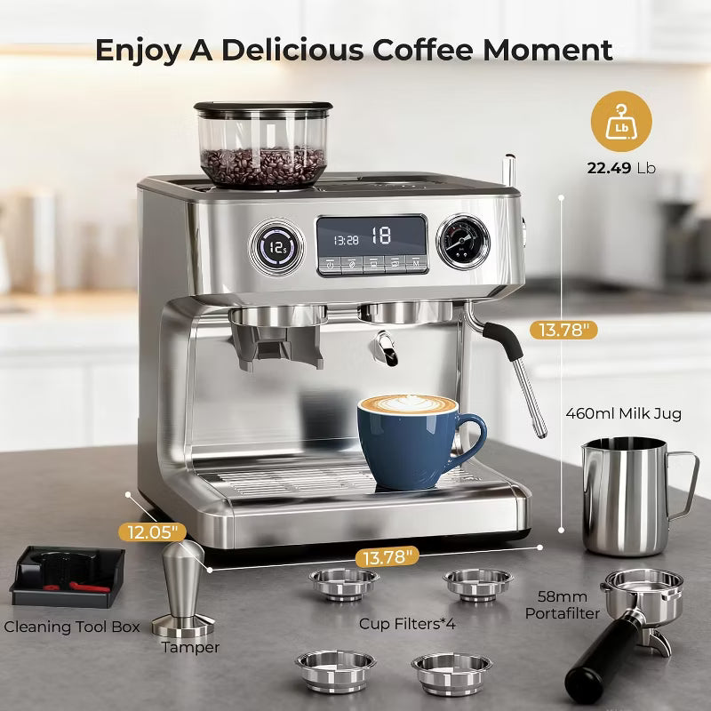 Espresso Machine – 20 Bar Programmable Expresso Coffee Machines with 30 Grinder Setting – Silver