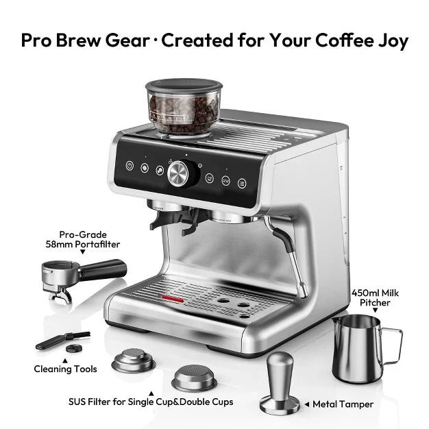 Espresso Machine – 15 Bar Coffee Maker with Milk Frother Steamer Wand – Silver