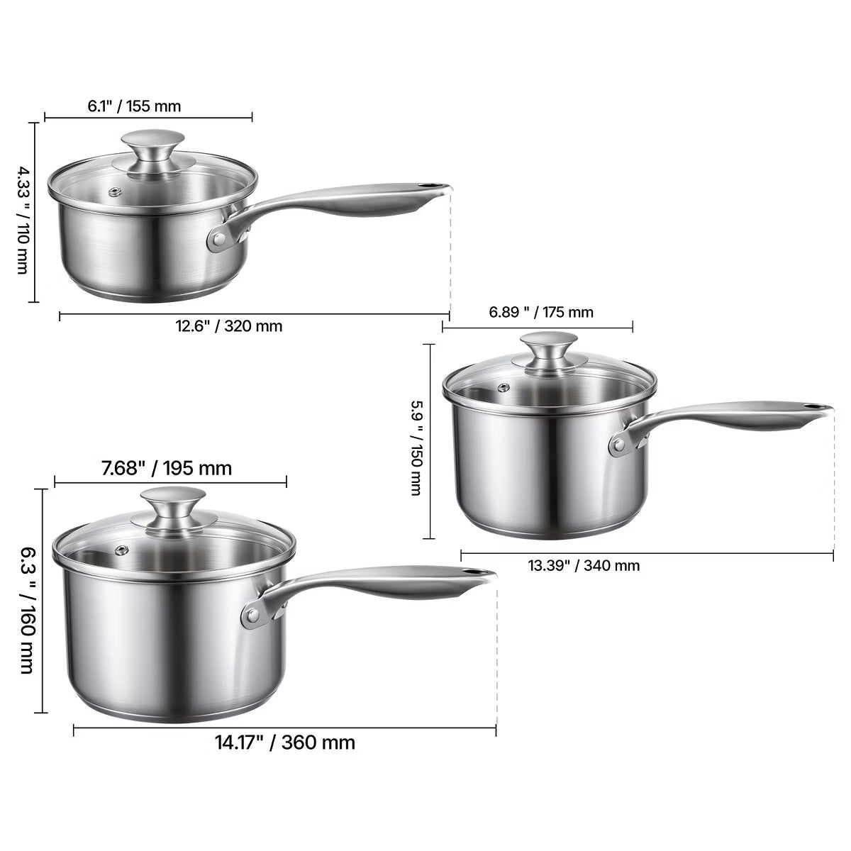 Saucepan – Sauce Pan Set with Glass Lids 1 QT 2 QT 3 QT, 3-Piece – Silver