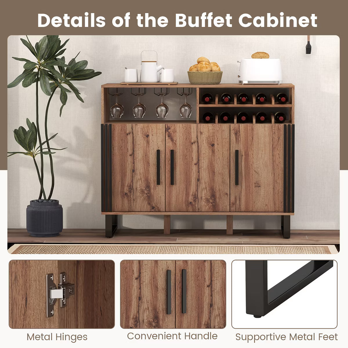 Bar Cabinet – Culinvaro Home Drinks Bar Cabinet w/ 3 Doors & Adjustable Shelves 2-tier Drinks Rack Sideboard