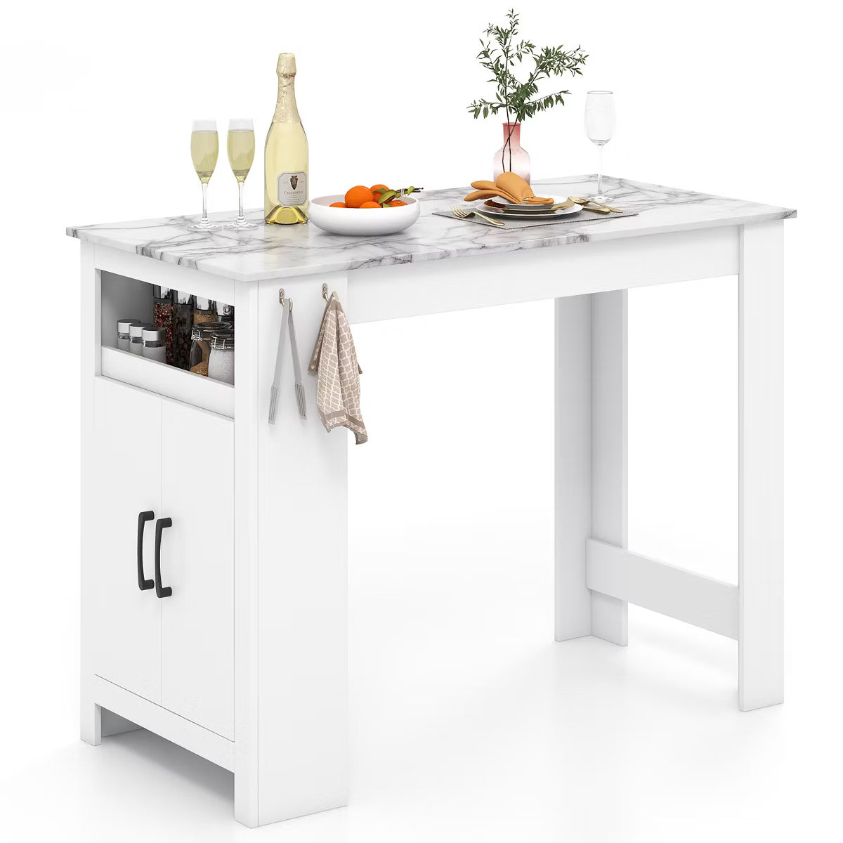 47" Long Counter Height Table Bar Table Faux Marble Pub Table w/ Cabinet