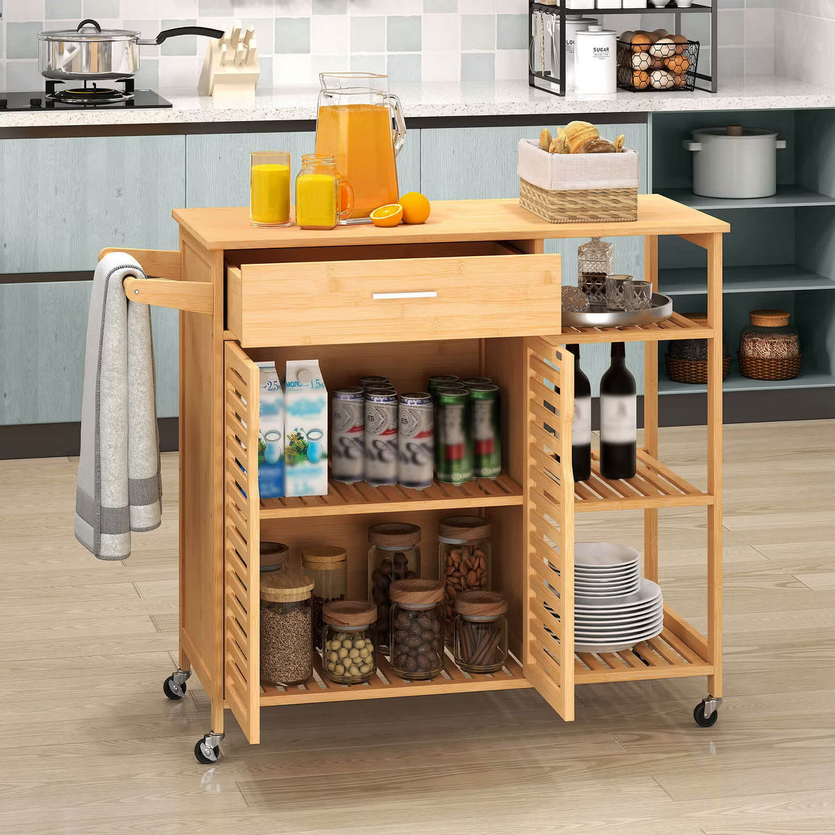 Kitchen Island – Culinvaro 35.5" Kitchen Island Cartwith Lockable Wheels Drawer Open Shelves Towel Bar