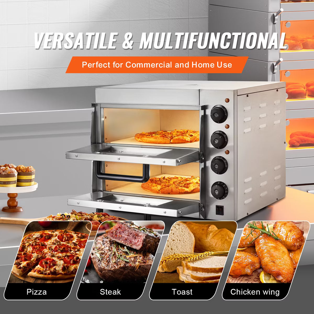 Pizza Oven – Pizza Oven Countertop, 14" Double Deck Layer – Silver