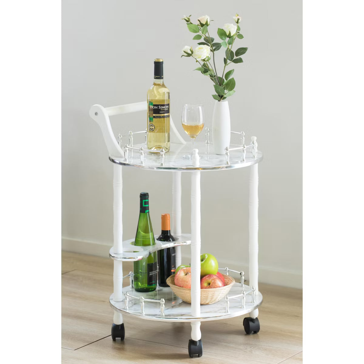 Bar Cart – Culinvaro Round Wood Serving Bar Cart Tea Trolley with 2 Tier Shelves and Rolling Wheels
