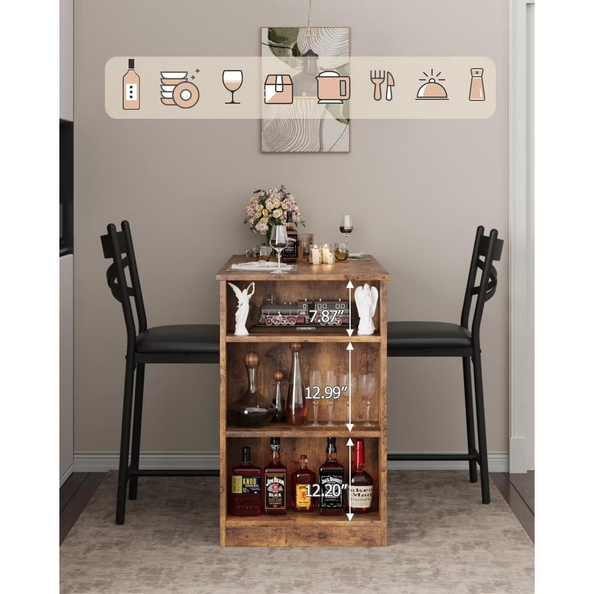 3 Piece Bar Table Set for 2, Bar Table and Chairs Set with with Flip Top Extension