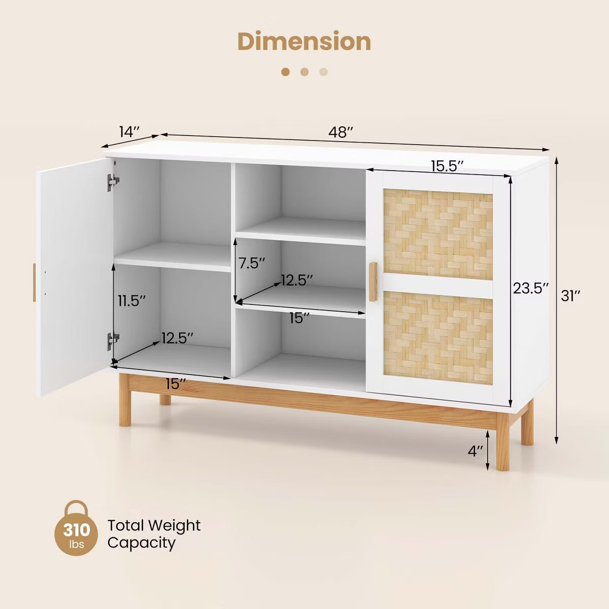 Buffet Cabinet – Culinvaro 48" Sideboard Buffet Cabinet with 2 Bamboo Woven Doors 3 Open Shelves for Kitchen White