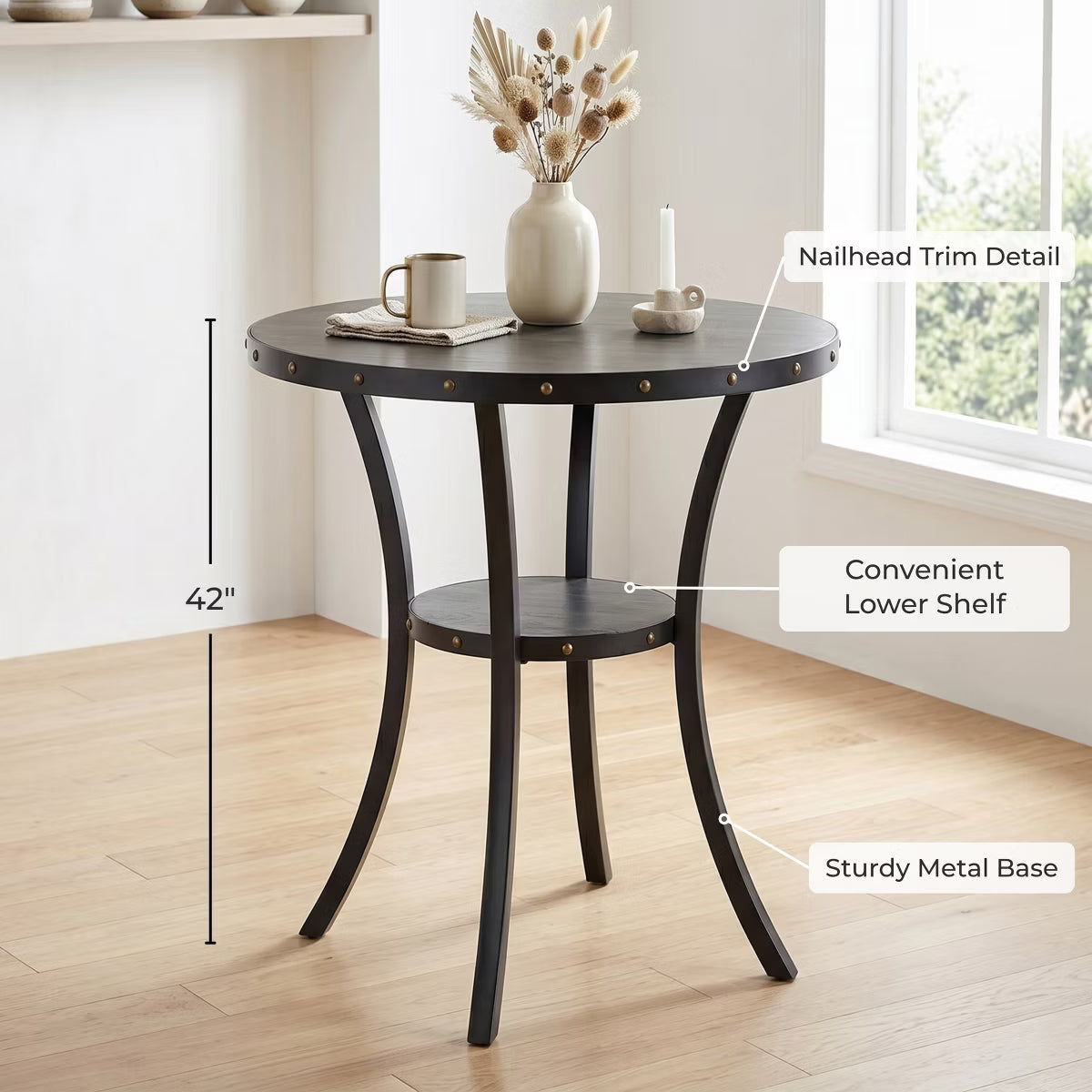 Bar Table – Culinvaro 3-Piece 36" Round Espresso Finish Bar Table with 2 Blue Fabric Nail Head Pub Chairs