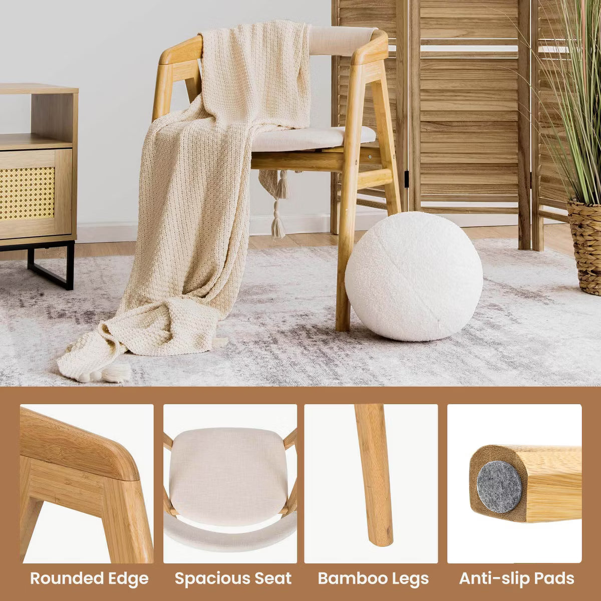 Leisure Bamboo Chair Dining Chair w/ Curved Back & Anti-slip Foot Pads