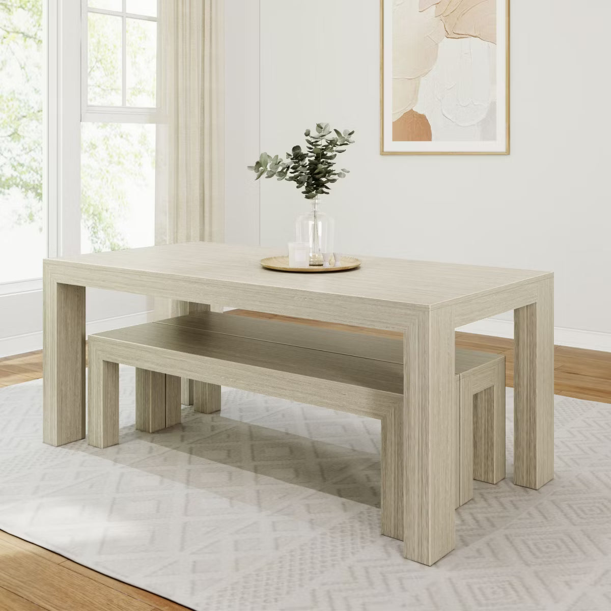 Solid Wood Modern Dining Table Set with 2 Benches for 6