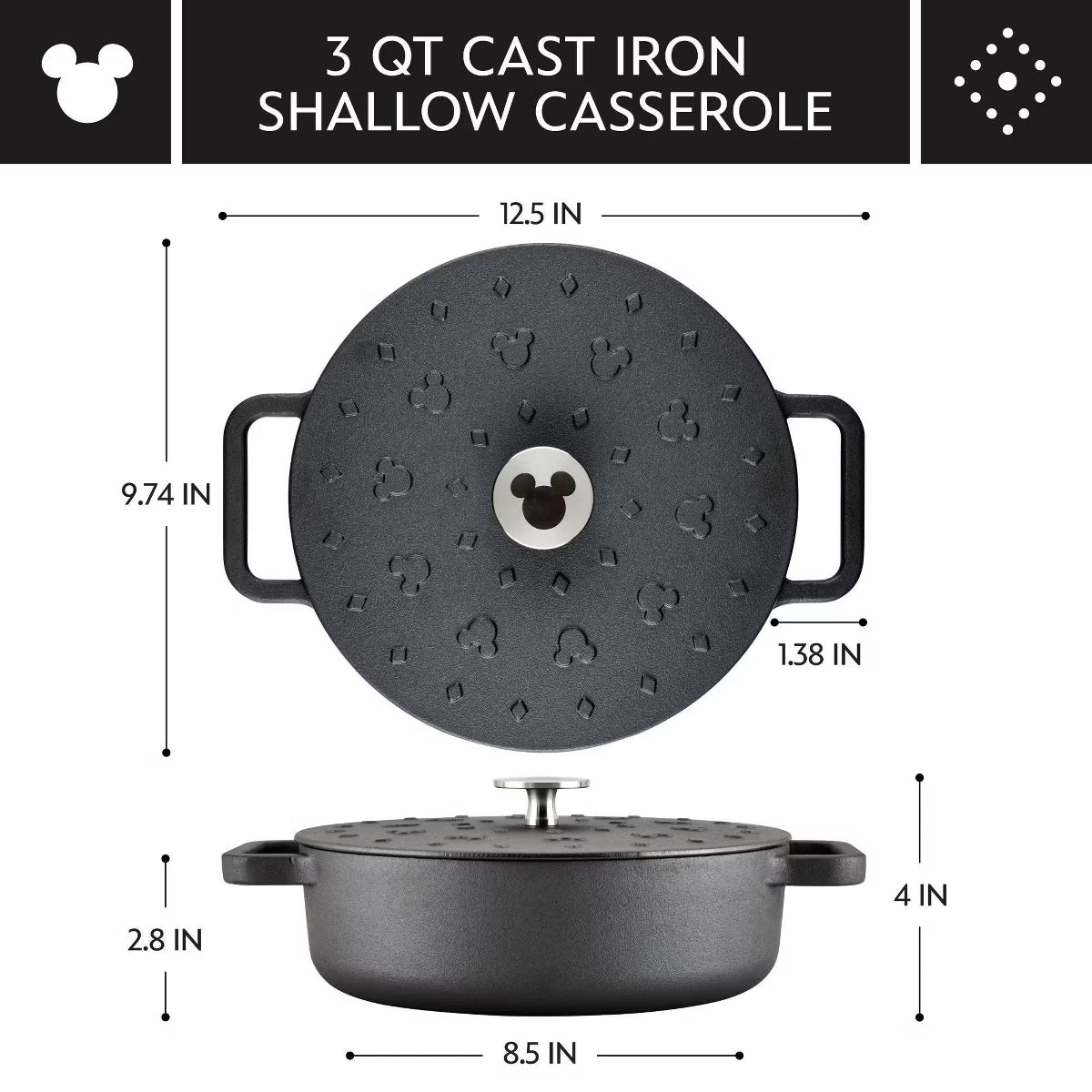 Dutch Oven – Disney Monochrome 3qt Pre Seasoned Cast Iron Shallow Casserole – Black